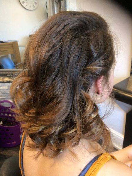 Dark balayage caramel mid-length waves