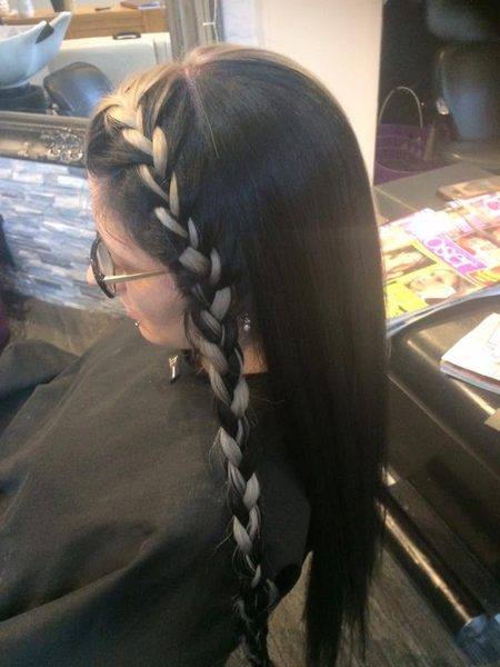 Black hair with platinum braid styling