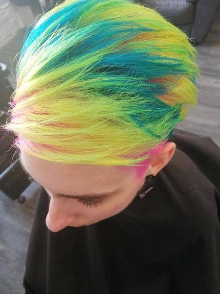 Neon yellow and teal vivid short cut with pink undercut