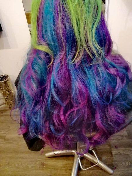 Galaxy purple blue and green vivid long curls