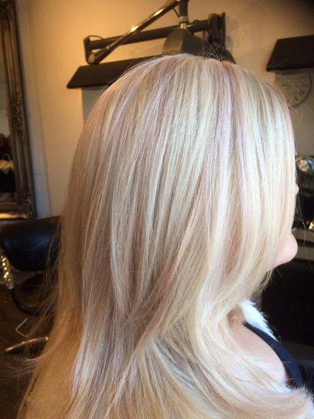 Platinum blonde long hair with highlights