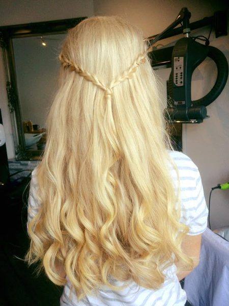 Long blonde hair with waterfall braid half-up