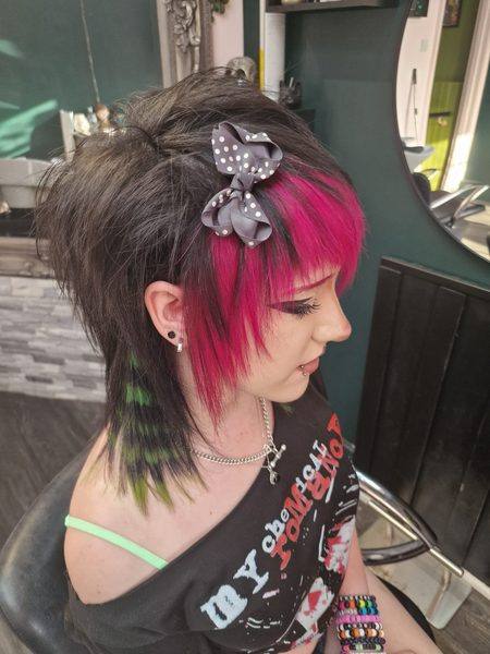 Alternative emo mullet with vivid pink and green colour