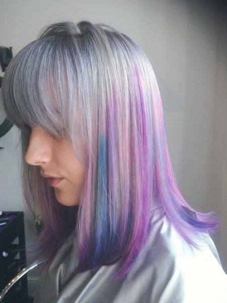 Silver grey with pastel purple and blue colour placement